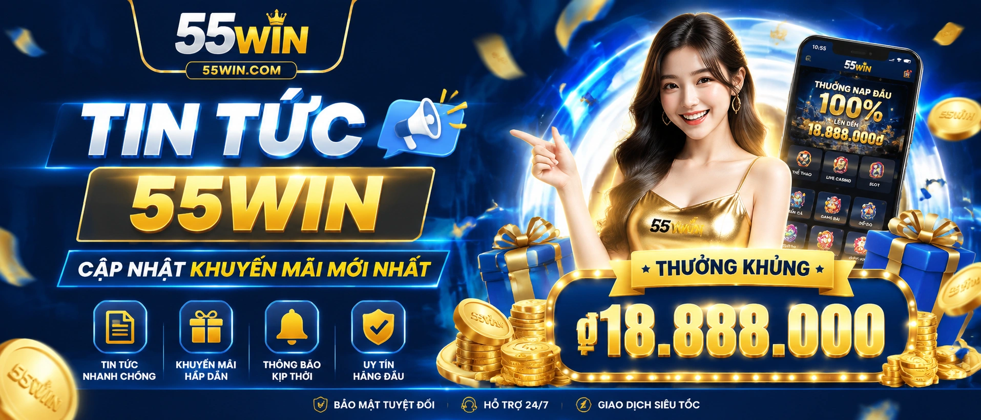 Giao diện trung tâm tin tức 55win với các thẻ cập nhật nổi bật
